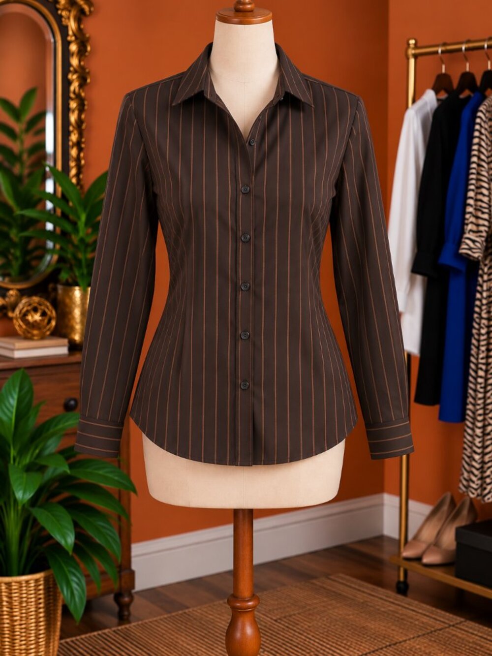 Satin Brown Striped Button-Up Shirt